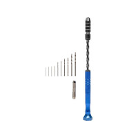 A Modelcraft fém mini fúrófejjel és fogóval ellátott fém minifúró ideális a nagyon kicsi fúrófejekhez, például a PDR4001 modellfúró készletekben található fúrófejekhez. Alumínium nyél, 2 fogó, 0,8, 1,0, 1,2, 1,5, 1,8, 2,0, 2,2, 2,5, 2,8, 3,0 mm-es fúrószár.