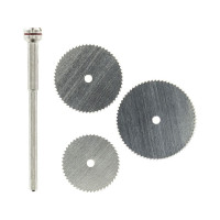 Rotacraft fűrészlapok (3 darabos készlet) szárral (3 lap csomagonként - 15 mm, 19 mm és 22 mm) műanyag, puha fa és színesfémek megmunkálásához. 2,35 mm-es SH-RAR1304 szártartóhoz rögzíthető.