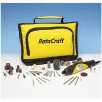 A Rotacraft RC18 fúrómarógép 75 szerszámmal egy szövet tokban van elhelyezve. A könnyű kézi marógép 12V-os hálózati tápegységről működik kábellel, és 8000-18000 fordulat/perc között változtatható fordulatszámmal, 1, 2,35, 3, 3,2 mm-es tokmányokkal rendelkezik. Ideális precíz, bonyolult munkákhoz gravírozáshoz, köszörüléshez, polírozáshoz stb.
