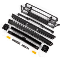 Traxxas karosszéria tartozékok fekete - tartalmazza: első hűtőrács (fent/alul), fényszóróházak (bal/jobb), lökhárítók (elöl/hátul), rögzítő tartozékok.