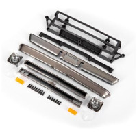 Traxxas karosszéria tartozékok fekete félig matt króm - tartalmazza: első hűtőrács (fent/alul), fényszóróházak (bal/jobb), lökhárítók (elöl/hátul), rögzítő tartozékok.