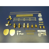 Propulziós készlet Dumas Trojan Cruiser és USCG 44' mentőcsónak modellekhez. Tartalmazza: 2x tengely perselyhüvellyel, fogaskerék készlet, 2x kormánylapát, kar készlet, 2x kardántengely. 2x 3 lapátos sárgaréz légcsavar.