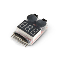 Digitális feszültségmérő LiPo, LiFe, Li-ion akkumulátorokhoz 2-8 cellával, állítható alacsony feszültség riasztással (2,70-3,80V) 2-8S készletekhez. Feszültségmérés 4-15V NiXX akkumulátorokhoz (-)/1S bemenetnél.