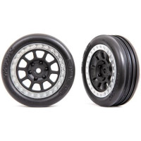 Komplett első kerekek 1:10-es autókhoz (Bandit). Kerék szürke/króm. Bordázott gumik.