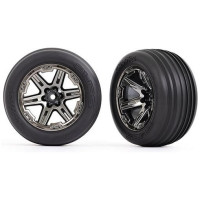 Teljes 2,8" RXT első kerekek 1:10-es elektromos autókhoz. Fekete krómozott kerekek bordázott gumiabroncsokkal és betéttel.