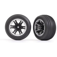 Teljes 2,8" RXT első kerekek 1:10-es elektromos autókhoz. Fekete/félmatt krómozott kerekek bordázott gumiabroncsokkal és betéttel.