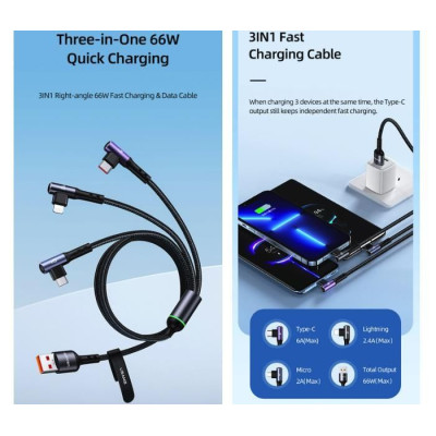 3in1 Right-angle 66W Fast Charging & Data Cable (L + C + M)