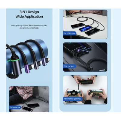 3in1 Right-angle 66W Fast Charging & Data Cable (L + C + M)