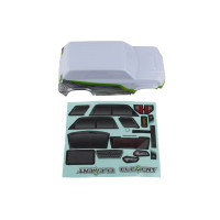 Fehér lexán karosszéria, öntapadós matricákkal együtt.