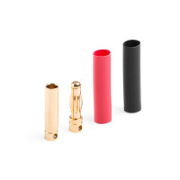 4 mm-es aranyozott erősségi csatlakozó rugós csapokkal, max. 70 A terhelhetőséggel (hosszútávon 32 A). max. 2,6 mm2 keresztmetszetű (13AWG) kábelekhez. 0,45 mOhm átmenő ellenállás, max. 500 V. Csomag 10 pár tűt/lyukasztót zsugorfóliázva.