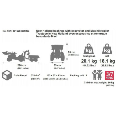 FALK - Šlapací traktor New Holland T8 s nakladačem, rypadlem a maxi vlečkou