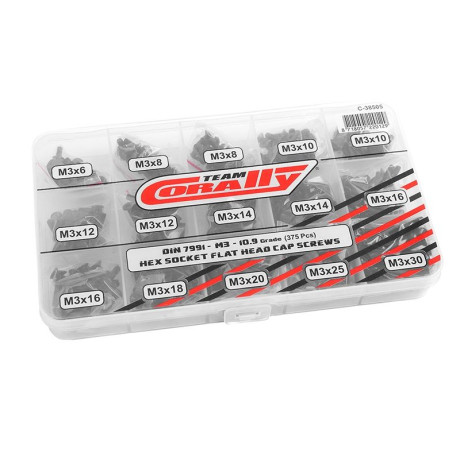 Inbus šrouby s zápustnou hlavou - sada/box - M3 - ocelové černé, 375 ks.