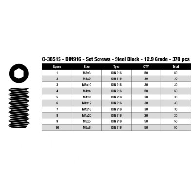 Inbus stavěcí šrouby - sada/box - M3 - M4 - M5 ocelové černé, 370 ks.