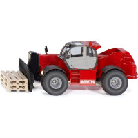 Manitou MHT10230 rakodógép fém modellje 1:50 méretarányban. Mozgatható teleszkópos kart tartalmaz, billenthető raklapvillával. Raklapot tartalmaz. Játékra és gyűjtésre alkalmas. Minőségi kivitelezés fémből és műanyagból.