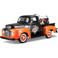 Fém autómodell 1:24 Maisto 32180 Ford F-1 Pickup FLH Duo Glide 1958 nem csak gyűjtőknek. A modell részletes kivitelben, motorral a raktérben. A modellek színe fekete-narancs az autó kb. 20 cm-es, a motor kb. 10 cm-es.