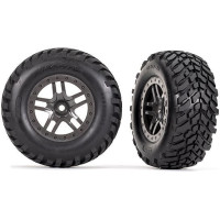 Teljes hátsó kerekek 2WD, első és hátsó kerekek 4WD Traxxas Slash-hez. Szürke SCT Split-Spoke kerekek SCT abroncsokkal és betéttel. Kerékméret ø56/76x42 mm. Teljes méret ø110x46 mm. A hordozó 12 mm-es hatszögletű, 24 mm-es eltolással.