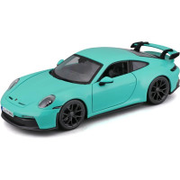 Fém autómodell 1:24 Bburago 18-21104 Porsche 911 GT3 nem csak gyűjtőknek. Nyitható ajtókkal rendelkezik, a modell színe mentazöld, és körülbelül 19 cm nagy.