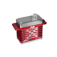 Szuper erős és szupergyors 73g-os digitális standard szervó kefe nélküli motorral és fém fogaskerekekkel 6,0-8,4V, 2xBB tápfeszültség tartományban. Ideális 700-800 méretű helikopter ciklikhez. 18,2kg.cm tolóerő, 0,100s/60° sebesség 6,0V-on, 22,5kg.cm tolóerő, 0,079s/60° sebesség 7,4V-on, 24,9kg.cm tolóerő, 0,071s/60° sebesség 8,2V-on. Méretek 40x20x38,5mm, súly 73g. Alumínium doboz bordázott középső résszel a tökéletes hűtés érdekében. Programozható DSP-1 programozóval.