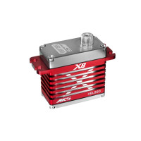 Erőteljes és ultragyors (760µs) digitális keskeny sávú (760µs) 73g-os standard szervó kefe nélküli motorral és fém fogaskerekekkel, 6,0-8,4V, 2xBB tápfeszültség-tartományban. Ideális 700-800 méretű helikopter kiegyensúlyozó rotorokhoz, kompatibilis a legtöbb 760µs-os giroszkóppal és flybarless egységgel. 8,2kg.cm tolóerő, 0,044s/60° sebesség 6,0V-on, 10,1kg.cm tolóerő, 0,036s/60° sebesség 7,4V-on, 11,2kg.cm tolóerő, 0,032s/60° sebesség 8,2V-on. Méretek 40x20x38,5mm, súly 73,2g. Alumínium doboz bordázott középső résszel a tökéletes hűtés érdekében. Nem programozható.