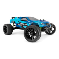 RC modell egy 1:10 méretarányú monster truck 4x4 összkerékhajtással, váltóáramú motorral meghajtva. RC kormánykerék készlet 2,4 GHz, 50A vezérlő és 6kg-os szervó. Meghajtó akkumulátor és töltő nélkül. Kék karosszéria.
