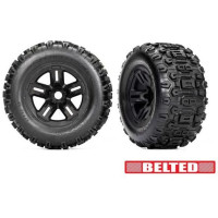 Traxxas kerék 3,8", fekete tárcsa, Sledgehammer öves gumiabroncsok. Széles futófelület nyitott blokkkal nem tömíti el a szennyeződés vagy törmelék, nagy tapadás a terepen. Az integrált belső öv csökkenti a kidudorodást nagy sebességnél. 17 mm-es barázdált hordozó. 2 db.