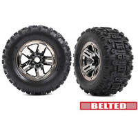 Traxxas kerék 3,8", fekete krómozott tárcsa, Sledgehammer öves gumiabroncsok. Széles futófelület nyitott blokkkal nem tömíti el a szennyeződés vagy törmelék, nagy tapadás a terepen. Az integrált belső öv csökkenti a kidudorodást nagy sebességnél. 17 mm-es barázdált hordozó. 2 db.