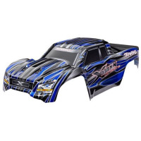 Traxxas X-Maxx Ultimate karosszéria kék, festve, matricákkal ellátva, összeszerelve, első és hátsó karosszériatartókkal, hátsó kerettel és hátsó védőlemezzel.