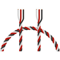 Csavart háromvezetékes szuper vastag kábel Futaba színekben (fekete/piros/fehér) szilikon szigeteléssel, vezető keresztmetszete 0,50 mm2. Nagy rugalmasságú, 270 szál 0,05 mm-es sodrat, max. 48 V, 12A. Átmérő 1,8/3,7 mm. Németországban készült. Ár 1 méterre