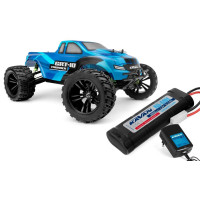 RC modell egy monster truckról 1:10 méretarányban, 4x4-es összkerékhajtással, egyenáramú motorral hajtva. RC kormánykerék készlet 2,4 GHz, 40A vezérlő, 6kg szervó, 2000mAh Ni-MH meghajtó akkumulátor és töltő. Kék karosszéria.