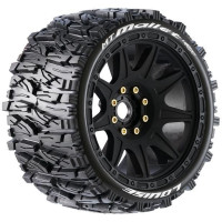 Komplett kerekek 1/8 monster truckokhoz, cserélhető, különböző offsetekkel rendelkező hatlapú keréktárcsákkal.