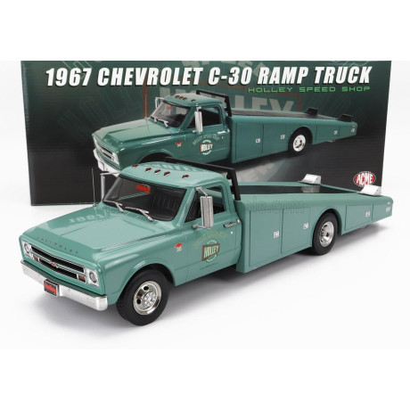 ACME MODELS CHEVROLET C-30 TRUCK RAMP CAR TRANSPORTER HOLLEY SPEED SHOP 1967 - GREEN 1/18