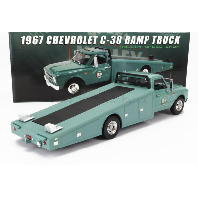 ACME MODELS CHEVROLET C-30 TRUCK RAMP CAR TRANSPORTER HOLLEY SPEED SHOP 1967 - GREEN 1/18