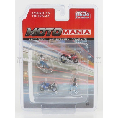 AMERICAN DIORAMA ACCESSORIES SET MOTO MANIA 1 - 2X MOTORCYCLE + 2X FIGURE - VARIOUS 1/64