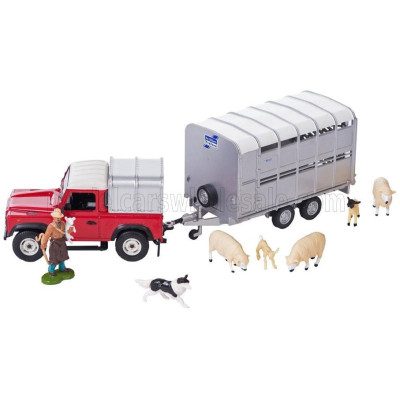 BRITAINS LAND ROVER LAND DEFENDER 90 PICK-UP CLOSED 1984 WITH LIVESTOCK TRAILER - TRASPORTO ANIMALI BESTIAME - RED SILVER 1/32