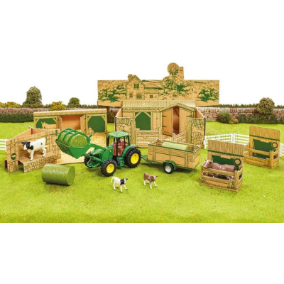 BRITAINS ACCESSORIES DIORAMA FARM BUILDING WITH TRACTOR JOHN DEERE AND TRAILER - GREEN YELLOW 1/32