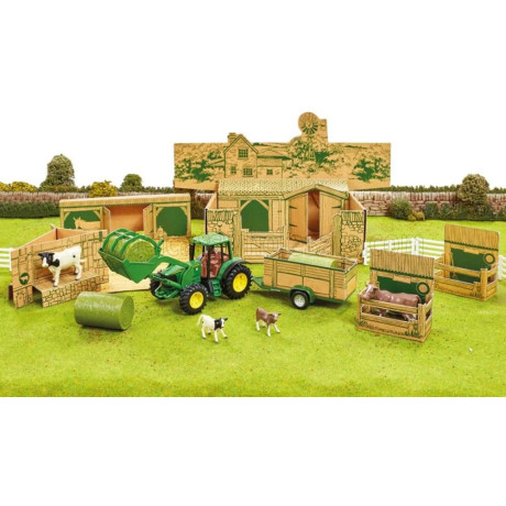 BRITAINS ACCESSORIES DIORAMA FARM BUILDING WITH TRACTOR JOHN DEERE AND TRAILER - GREEN YELLOW 1/32