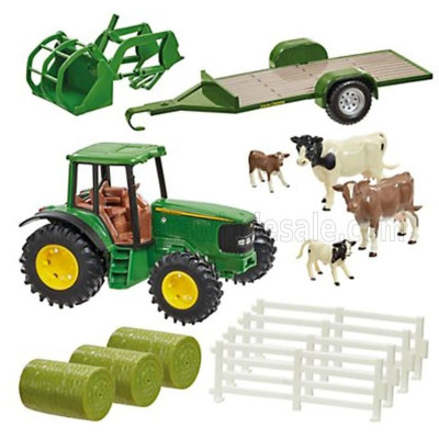 BRITAINS ACCESSORIES DIORAMA FARM BUILDING WITH TRACTOR JOHN DEERE AND TRAILER - GREEN YELLOW 1/32