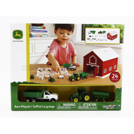 BRITAINS ACCESSORIES SET FARM TOYS WITH TRACOR + TRAILER AND TRUCK - GREEN WHITE 1/64