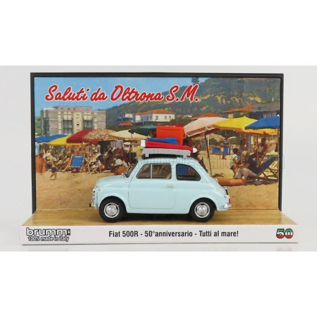BRUMM PROM FIAT 500R 1972 - TUTTI AL MARE - SALUTI DA OLTRONA S.M. - 50th ANNIVERSARIO 1972 -2022 - VERY LIGHT BLUE 1/43