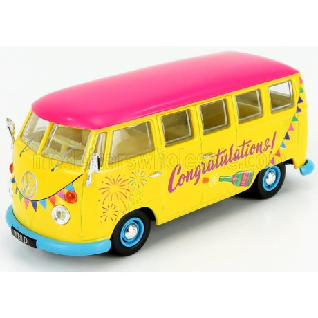 CORGI VOLKSWAGEN T1 MINIBUS CONGRATULATIONS 1961 - YELLOW FUCSIA 1/43