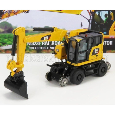 DM MODELS CATERPILLAR CATM323F ESCAVATORE GOMMATO SU ROTAIE FERROVIARIE - TRACTOR HYDRAULIC EXCAVATOR SCRAPER - YELLOW BLACK 1/8