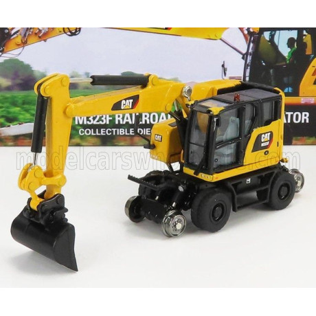 DM MODELS CATERPILLAR CATM323F ESCAVATORE GOMMATO SU ROTAIE FERROVIARIE - TRACTOR HYDRAULIC EXCAVATOR SCRAPER - YELLOW BLACK 1/8