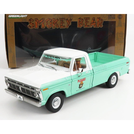 GREENLIGHT FORD USA F-100 PICK-UP FOREST SERVICE GREEN WITH SMOKEY BEAR FIGURE 1975 - VERY LIGHT GREEN WHITE 1/18