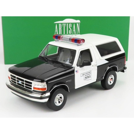 GREENLIGHT FORD USA BRONCO OKLAHOMA HIGHWAY PATROL POLICE 1996 - BLACK WHITE 1/18