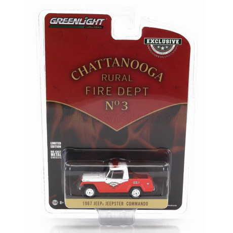 GREENLIGHT JEEP COMMANDO JEEPSTER PICK-UP FIRE ENGINE 1967 - ORANGE WHITE 1/64