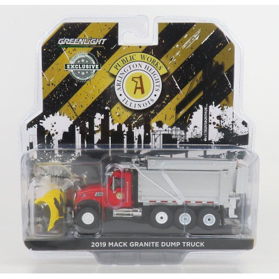 GREENLIGHT MACK GRANITE DUMP TRUCK CASSONE RIBALTABILE 4-ASSI 2019 - SPAZZANEVE - SNOWPLOW - RED SILVER 1/64
