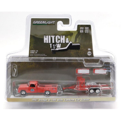 GREENLIGHT DODGE D-100 PICK-UP 1967 WITH TRAILER CAR TRANSPORTER - ORANGE 1/64