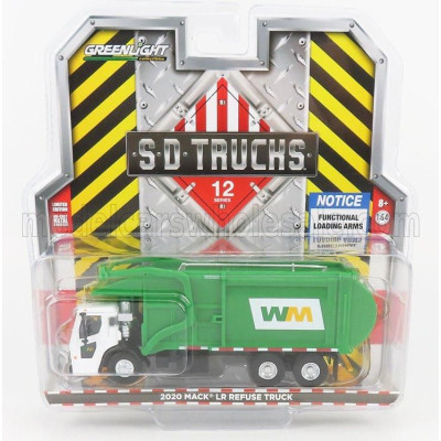 GREENLIGHT MACK GRANITE REFUSE TRUCK CASSONE RIBALTABILE 4-ASSI TRASPORTO RIFIUTI 2020 - WHITE GREEN 1/64