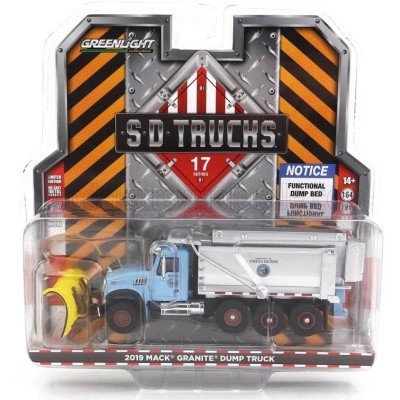GREENLIGHT MACK GRANITE DUMP TRUCK CASSONE RIBALTABILE 4-ASSI 2019 - SPAZZANEVE - SNOWPLOW - LIGHT BLUE SILVER 1/64
