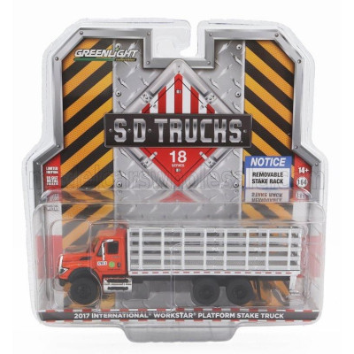GREENLIGHT INTERNATIONAL WORKSTAR TRUCK PLATFORM STAKE 3-ASSI 2017 - ORANGE SILVER 1/64